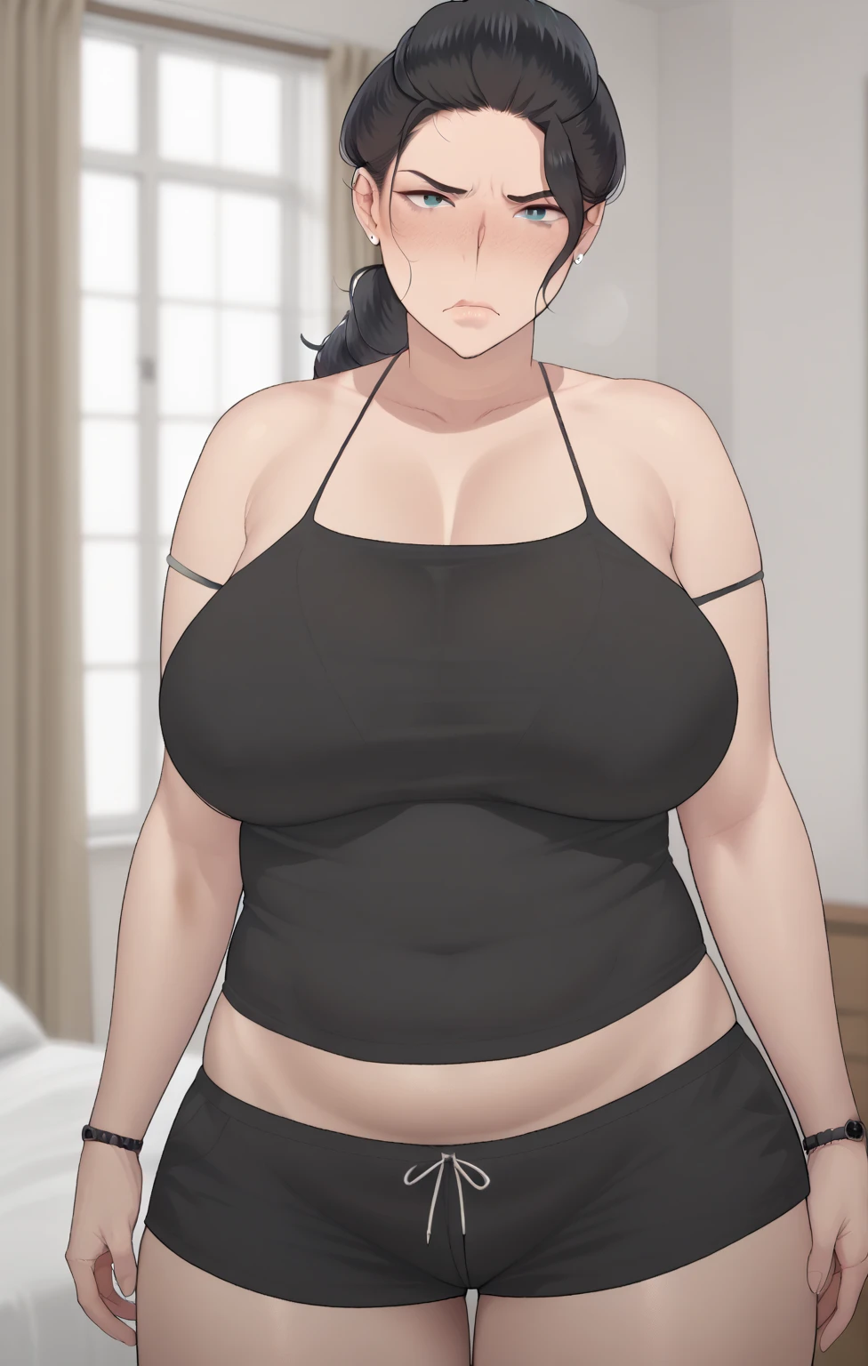 Masterpiece, hi res, absurdres, Best Quality, 4K, detailed, HD , by NTRMAN, solo, mature female, age 40, milf,mother, chubby, bbw, curvy, short stature, shorttack, thick, Big ass,crop top, short skirt, black hair, hair bun,curvy, cleavage, saggy breasts, prominent lips, red lipstick,thick, blushing, olive skin, tanned skin, looking at viewer, tattoos on body, make up