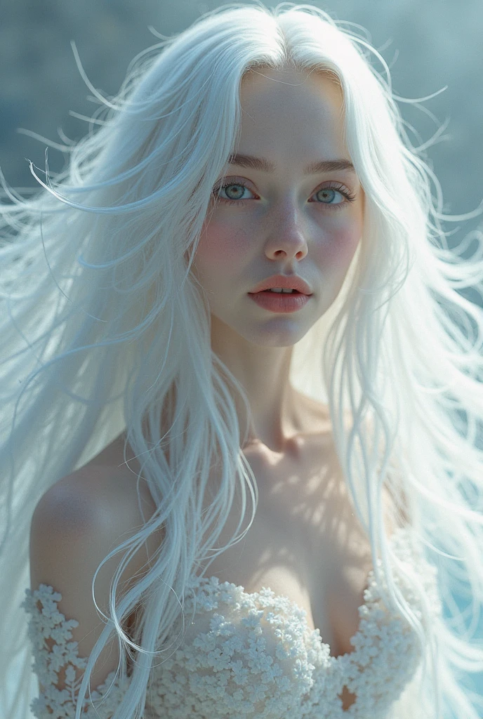 best quality, masterpiece,white hair, blue eyes, upper body,Gorgeous background,1girl, Flowing hair