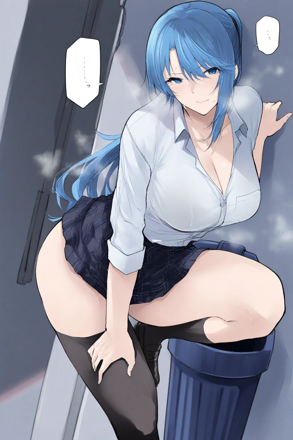 human, ((1girls)), 25 years old, Long Hair, Blue hair, black eyes, Leather jacket, long legs, sexy, large breast Z, 1m75, deserted, ((Takeda Hiromitsu style)), black cock, Surprised Face, cock in front of face,