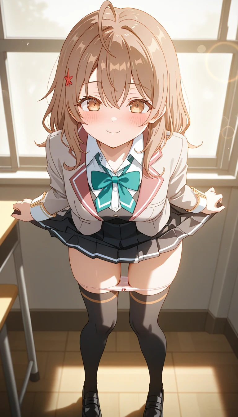 highest quality,masterpiece,8k,1girl, blush, sweat, mini skirt, lift skirt, upskirt, stripe panties, hair ribbon, twin tails, pleated skirt, thigh highs sox, loafers, camel toe, open legs,