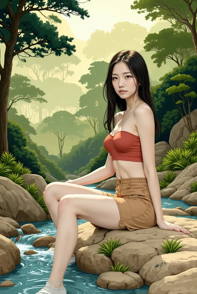 soft_light, (Masterpiece: 1.5), (Best Quality: 1.5), High Resolution, High Detail, nude (Chinese|Filipina beauty, slanted Asian eyes:1.35), Solo, Skin Highlight, Sharpen, Clear, straight hair, ponytail, multicolored blond hair, Jewelry, bracelet, earrings, pale skin, smile, jungle ruins, wearing nothing, (flat_chested, butt_freckles, thighs, freckles), zPDXL2, DynaPortrait_PDXL