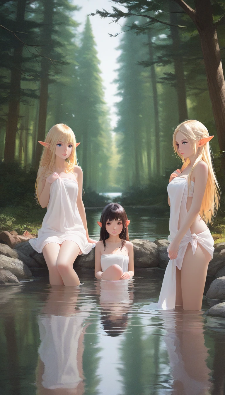 Multiple Valkyries with long, flowing white hair are bathing in a celestial spring high in the heavens. The daylight illuminates the scene, casting a radiant glow on their shining armor and ethereal forms. The crystal-clear waters of the spring reflect the bright blue sky and fluffy white clouds. The Valkyries are relaxed, some playfully splashing water while others are seated on the rocks surrounding the spring, enjoying the serene and tranquil atmosphere. The lush greenery and vibrant flowers around the spring add to the heavenly ambiance,"(((Female genitalia))),((( pubic hair))),(((naked)))