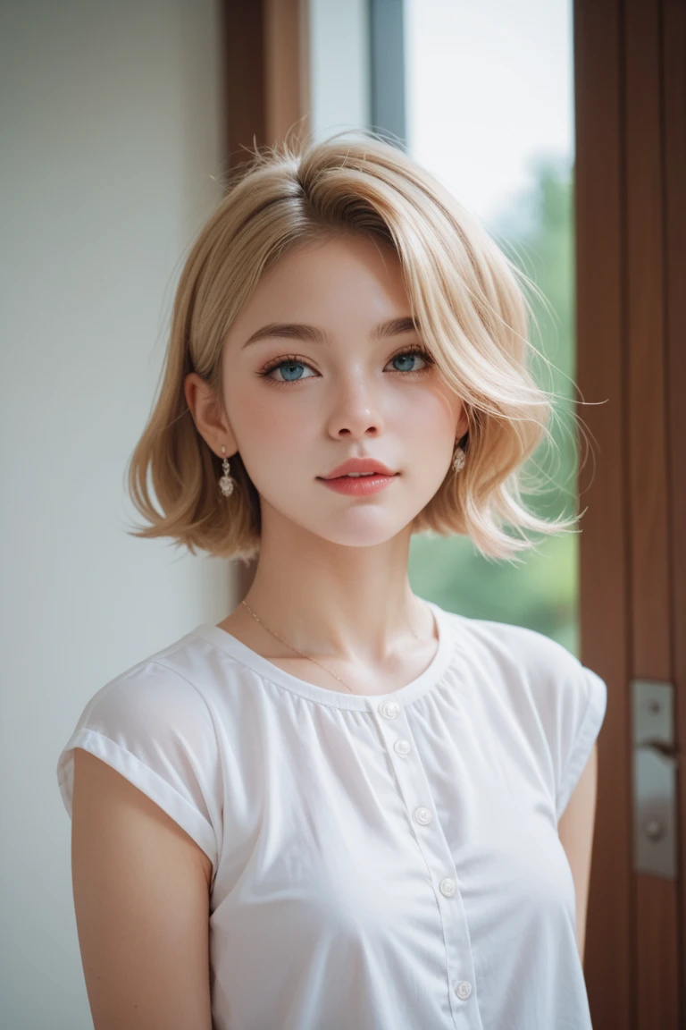 One angel girl, alone, cute, View your viewers, Beautiful body, blush, (Silvery blonde short wavy hair), (Small breasts), (Green Eyes), Very lifelike eyes, Stylish casual attire, Beautiful environment, Very detailed, masterpiece, Highest quality, Highest quality, High resolution, (masterpiece:1.2), Realistic lighting, Great lighting