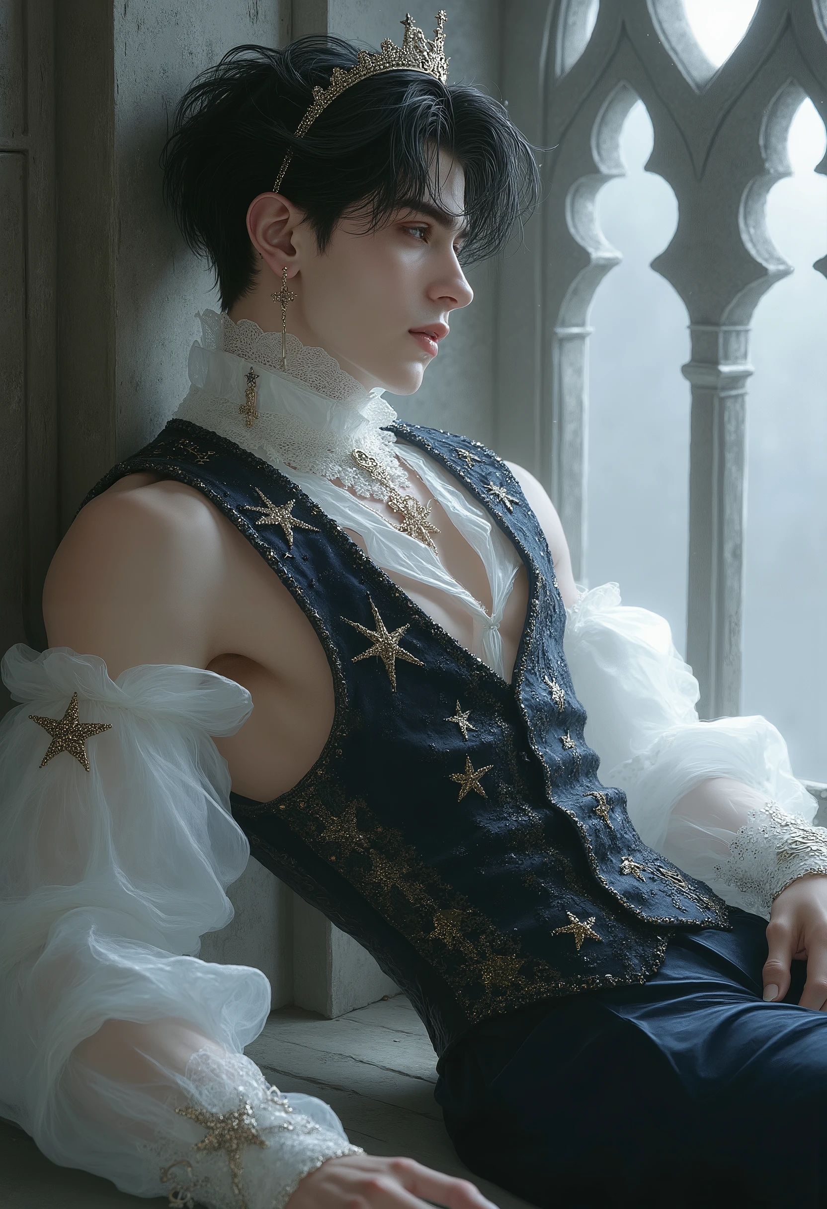 A seductive dark-haired man, around 23 years old, with tousled black hair and piercing golden-hazel eyes, posing in an extreme foreshortened angle from below. The view starts from his legs, emphasizing his strong thighs, narrow waist, and broad shoulders as he leans back confidently near a gothic arched window. One arm is lifted with grace, the other resting gently, creating a celestial and regal contrapposto pose. His face is slightly turned down to the camera, with a confident, seductive smirk and flickering eyes. He wears a fitted midnight-blue embroidered vest adorned with shimmering golden stars, layered over a sheer white shirt with voluminous organza sleeves and a high lace collar featuring celestial embroidery. His silhouette is sculpted and noble. A golden star crown rests upon his head, matching his star earrings and cuffs. Behind him, an ornate stained-glass gothic window filters pale light through intricate stone tracery, casting mystical shadows across the floor. Captured with a wide angle lens, anime-style dynamic perspective, exaggerating body proportions for dramatic effect.
1 man., Solo, high resolution, masterpiece, precise, anatomically correct, has been honored several times., Qualityที่ดีที่สุด, Damaged, Details, โมเดลhigh resolution, Detailsสูง, miaoz, iaoz, Quality, Retina display, Detailsมาก, realistic texture, high resolutionสุด, seductive smile, Flickering Eyes, extreme foreshortening, dynamic perspective, worm’s eye view, anime-style angle, wide lens distortion, dramatic camera tilt, hips and shoulders emphasized, cinematic pose, gothic window background, celestial elegance, sheer lace fabric, golden embroidery, star crown, soft light shadows.