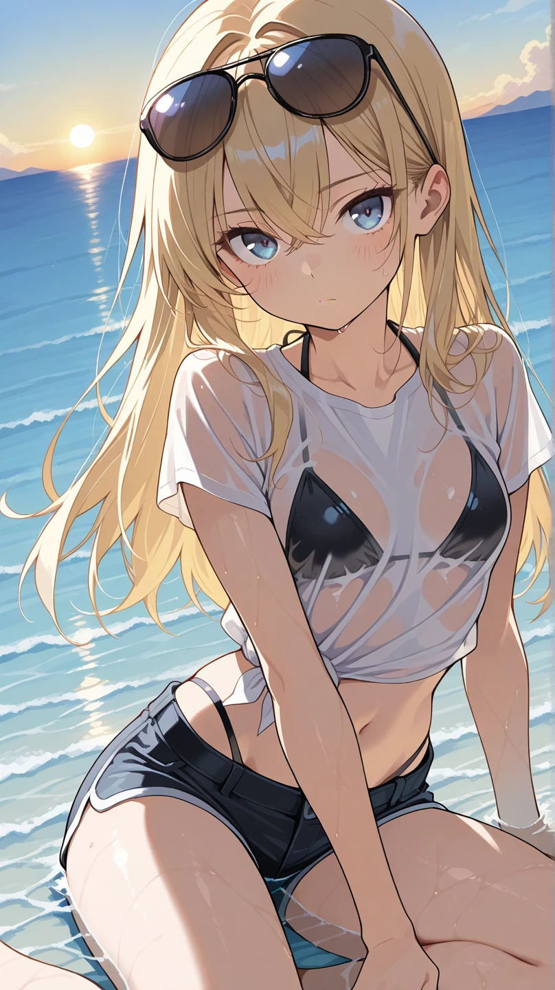 最high quality、Best image quality、masterpiece、Teenage Girl((18-year-old、 By becoming、Best Bust、Medium Bust,Nipples are visible、blue eyes, Blonde Hair、Habitual hairstyle、Long Hair、thin,Blue shorts、Attractive face、sweating、like、Stay close to your audience、Leaning forward、Hair blowing in the wind)),high quality、Beautiful art、background((Hawaii、Waikiki、Palm tree、Beach、sunset))flying debris、Written boundary depth、movie、Visual Arts、Perfect art、8k,Genuine