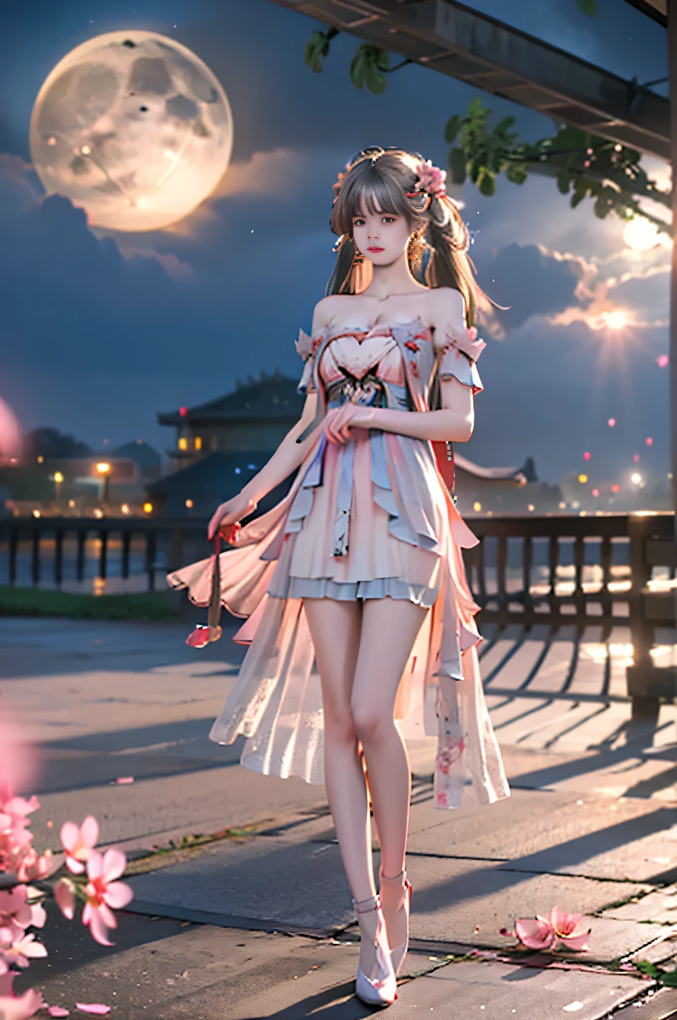 jinhsi,jinhsi \(peach blossom\) \(wuthering waves\),(clothes:peach blossom pink dress,alternate costume,bare shoulders:1.2),flower-shaped pupils,1girl,hair ornament,hair flower,twintails,bangs,jewelry,very long hair,, ,,((full body, from below)), (masterpiece, best quality, ultra-detailed, 8k), realistic, a beautiful sexy long-legged model ((Random scene)), ((Random posture)), (I-type Valley), (Full breasts, visible cleavage, very short skirt hem, exposed shoulders), (Tyndall Effect), (At night,:1.3 moonlight:1.3), seductive pose, perfect and symmetrical leg anatomy, soft natural lighting, (wind blowing gently:1.1), (ambient lighting:1.2), bokeh, cinematic shot, dynamic angle, professional photography, shallow depth of field, sharp focus, vibrant colors, (slightly tanned skin:1.1), (natural makeup:1.1), (delicate features:1.1)
