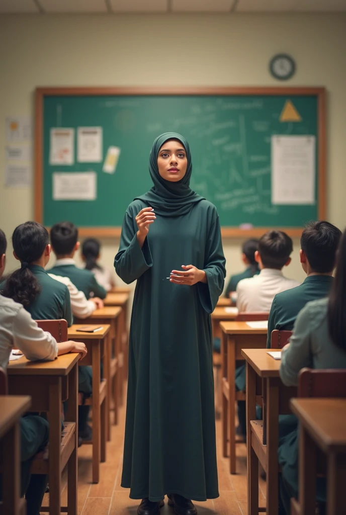 teacher wearing hijab is teaching and standing in front of male and female students