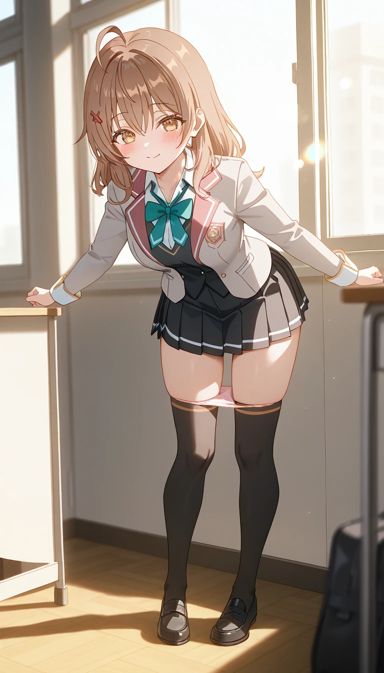 1girl,solo,Olivia, blonde hair, blue eyes, medium hair,large breasts, blush, smile,school blazer,mini skirt,thighs,white panty, masterpiece,Noise Reduction,perfect anatomy,high resolution, ultra-detailed, ultra-detailed face,game cg,dutch angle ,beautiful detailed eyes,visualart,five fingers, perfect hands, perfect lighting,