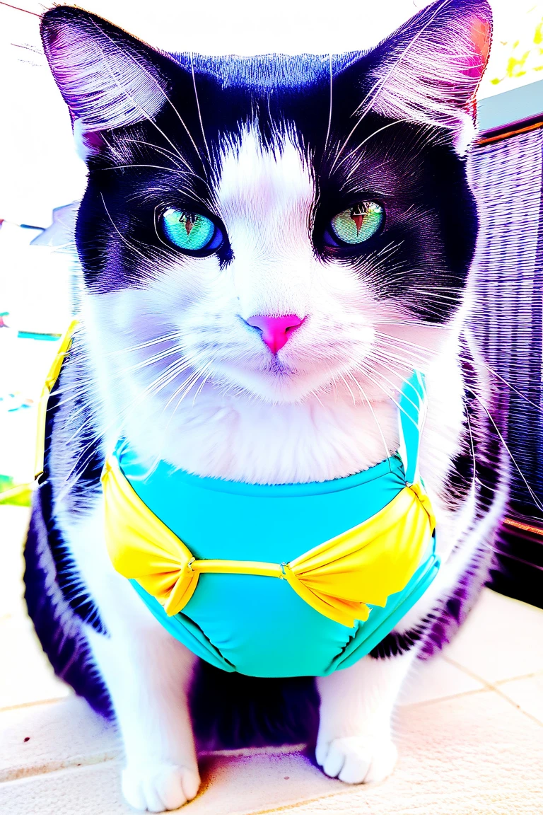 (front facing:1.5), kitty bobo, 1girl, solo, furry, huge breasts, huge thighs, purple bikini, beach