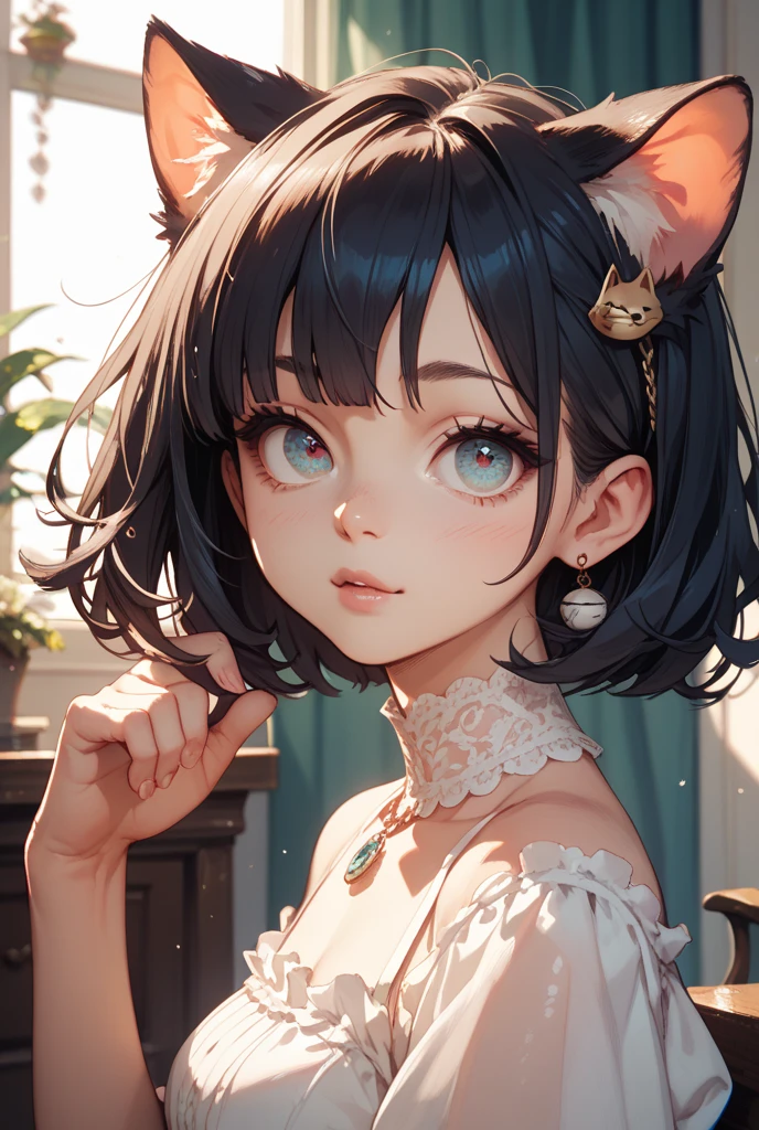 (best quality:1.0), (super fine:1.0), (16k:1.0), (incredibly absurdres:1.0), (extremely detailed:1.0), (delicate and dynamic:1.0),
1girl, otome youkai zakuro, (susukihotaru:1.5), (wavy hair:1.0), (very short hair:1.2), (Dark Gray Hair:1.0), (Fringe:1.5), (Purple Lace Camisole Dress:1.0), (Forehead:1.0), (white Headdress:1.0), (Cat ears:1.0), (smile full of happiness:1.2),
(pink bed room:1.0),