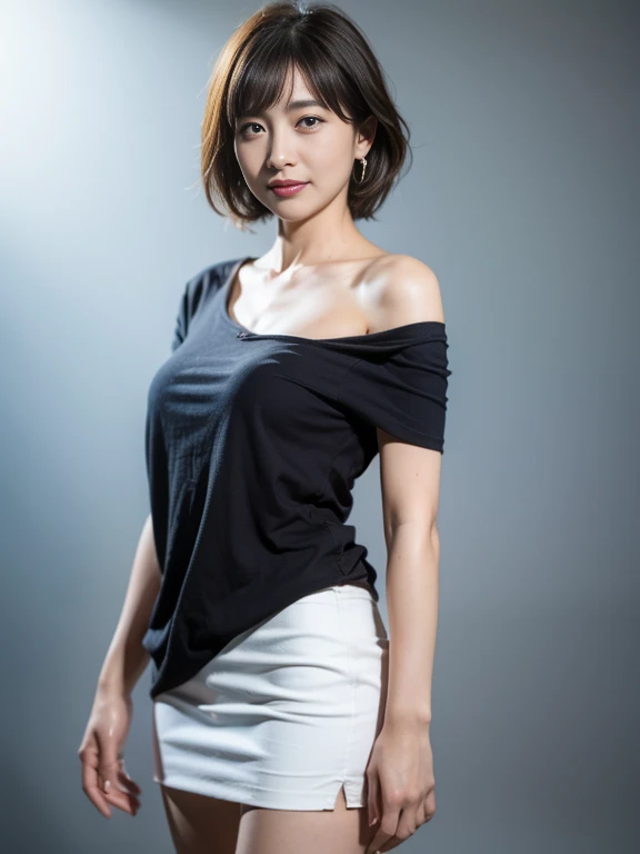 ((Highest quality)), ((masterpiece)), (detailed), Ultra cinematic, Blue hour, Ultimate ultra Photorealistic, ultimate high-quality 32k Leica M5 photo, A cowboy shot photo,  a42yo ultimate beautiful & elegant Motherhood Japanese actress,  looking at viewer, very embarrassed, much blush:1.9, 168cm,65kg,(She has a very intelligent and ultimate exquisite beautiful Japanese face&black eyes, pointy nose, ultra detailed face, ultimate exquisite nice-proportioned body and Décolletage and hips , black elegant&cute  short  bob:1.2), (a simple very just fit plane white running shirts drenched in sweat and short pants)