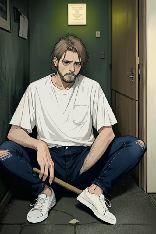 One person, Tall, tannish, handsome male, fit and lean, red eyes, slicked back blonde hair, light stubble, wearing purple and black checkered long sleeve shirt, wearing baggy jeans, purple and black high tops, and lazy expression, sitting alone in the dusk of night with headphones on, raining.