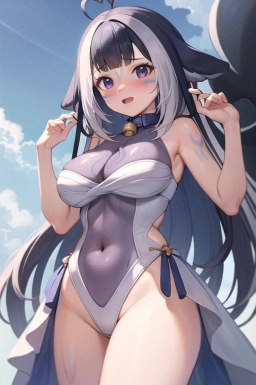 goddesses 3 eyes bright long braided silver hair red lips purple makeup athletic body slim waist big breasts big buttocks. with dolphins