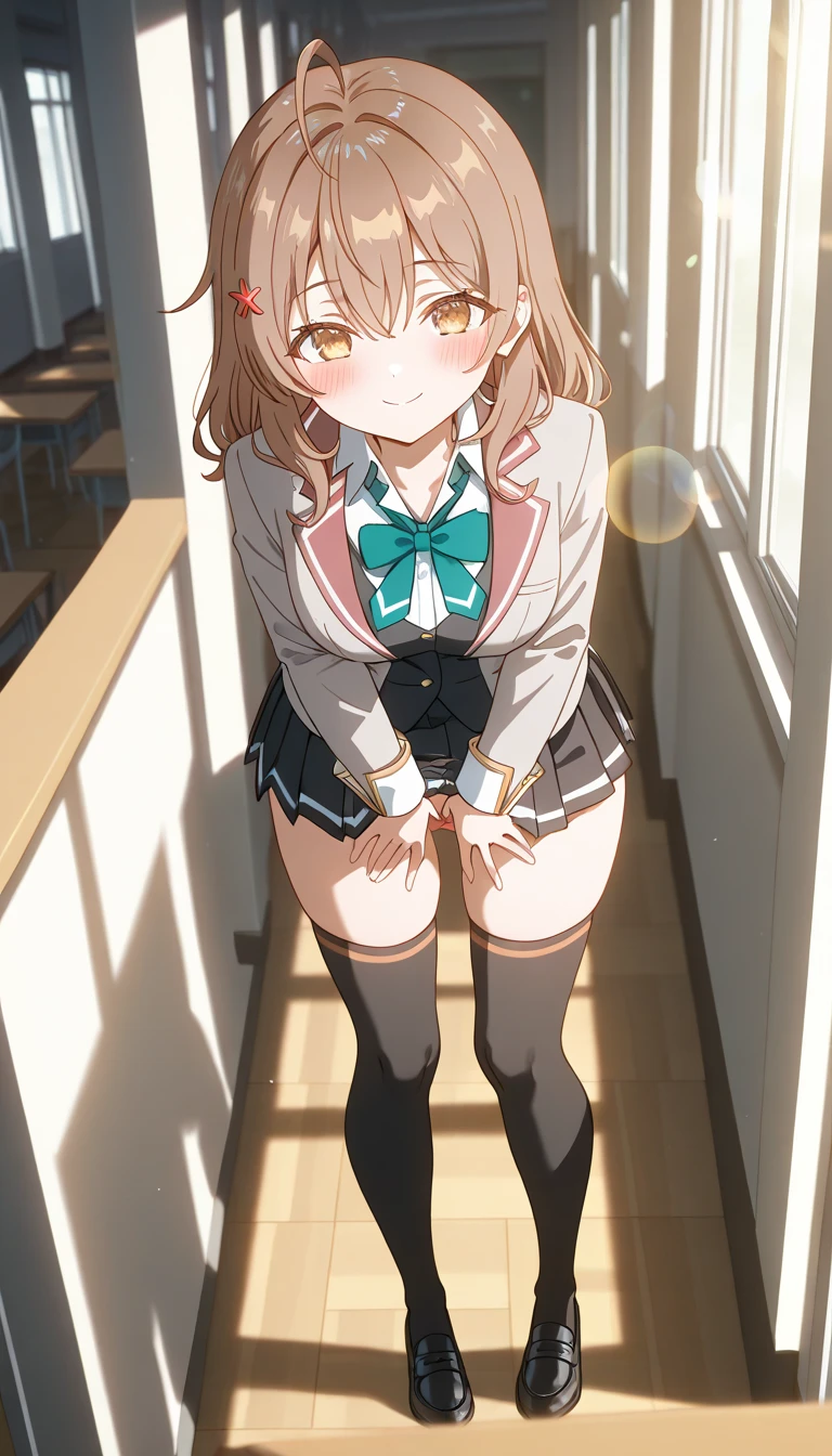 masterwork, maximum quality, High Definition, brown eye, Lustrous blonde hair,dull bangs, School Uniform, Mini skirt, cowboy Shot,dress lift,Show off your panties、Bite into panties、microbikini、a smiling look、Kneeling、Standing knees、spread leg、Open legs、crouch,、Skirt fluttering in the wind、from below、Focus on the lower back、roll up the skirt、lift up skirt、Wet clothes、large udder、Float with --auto --s2