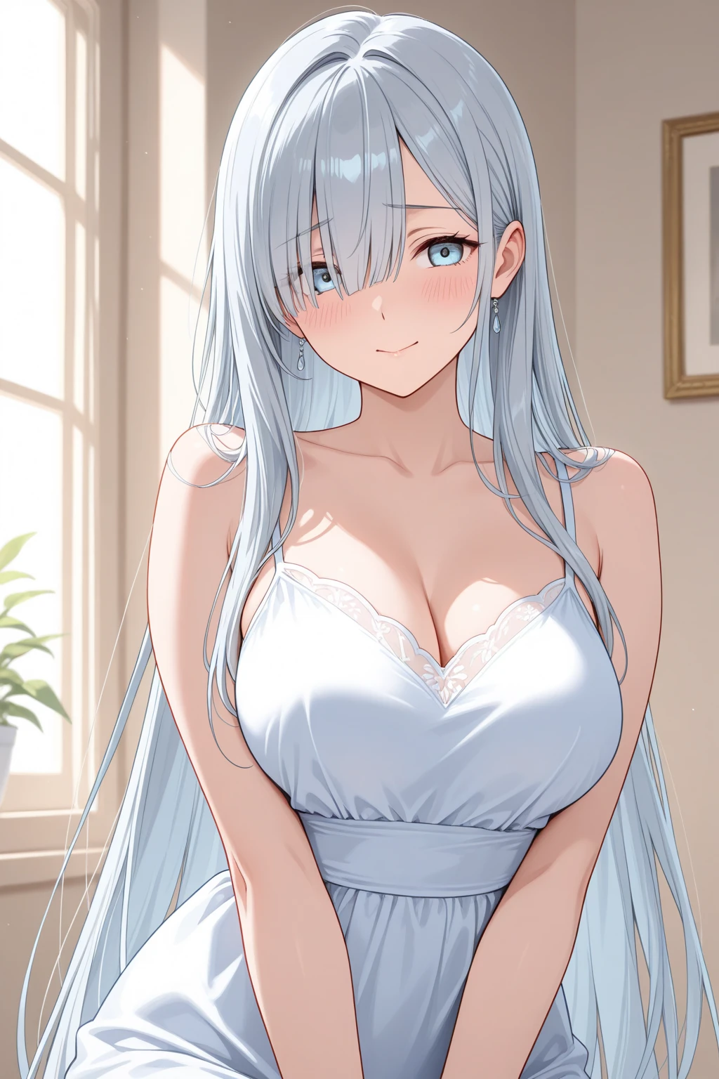 8k, Highest quality, masterpiece, Wallpapers by Unity 8k, (One Girl) , 17 years old、cute、Big eyes、(((Silver Hair))),(Her hair color is a blue-gray gradient), Semi-long hair,Larger breasts, Summer fashion、smile
