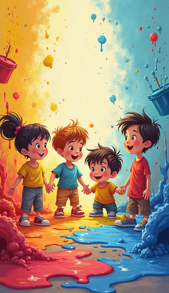 Happy children squeezing colorful paint from a latex glove