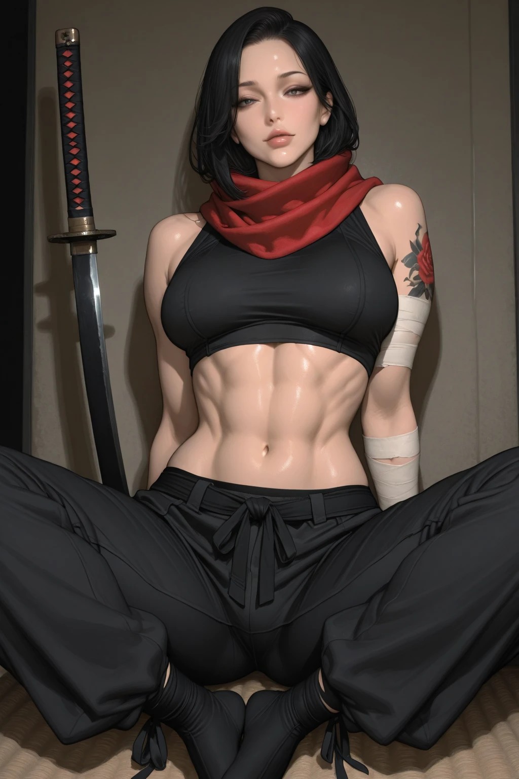 Imagem de Mikasa Ackeman , obra-prima, melhor qualidade, lindo, Awesome, epics, 1girl, ninja-mask, corpo para cima, Kong-fu, cabelo preto, olhos pretos, Chinese hairstyle, transparente, cinematic lighthing, Highlight lighting, Dramatic_Sombra, raio_Rastreamento, complex clothes and patterns, luta, segurando faca, franja de cabelo, cachecol,, peitos grandes, corpo definido, guerreira, sensual, zoom em seus olhos, Mikasa is in her bed at night, (1Girl in)、(realisitic)、( fotorrealista:1.5)、Batomornsardas、cabelos pretos, 8k UHD、(filmgrain) extremamente delicado e bonito、8k, alta qualidade、alta resolução, ju、ighly detalhado、belos olhos detalhados、 olhos e rosto extremamente detalhados、obra prima、(lighting like a movie)、(pele de alto detalhe:1.2)、8k UHD、Digital SLR、a strong illumination of fire、alta qualidade、filmgrain、obra prima, qualidade superior, alta qualidade, alta resolução, ((muito nitido)), Photo taken with long-range professional camera, alta qualidade, preservar face, sensual