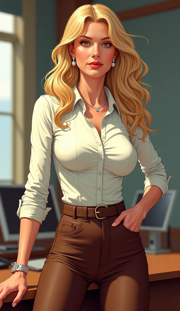 young Faith Hill, cleavage, tied shirt, midriff, flashing panties, short skirt, stockings, sultry

