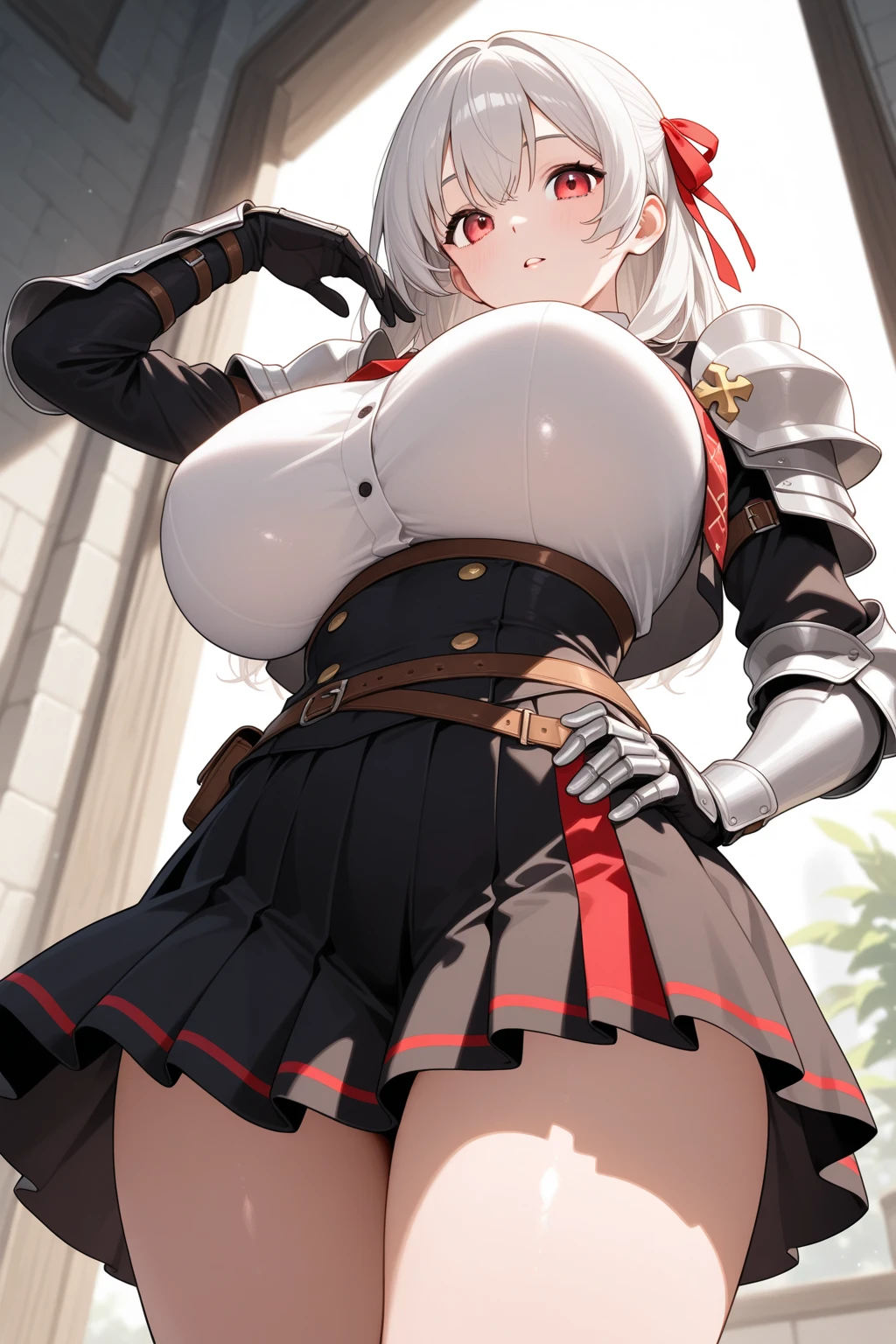 masterpiece, best quality, 1girl, sitting, forest, white hair, long hair, grey eyes, (knight armor:1.1), skirt, thigh highs, big breasts, thick thighs