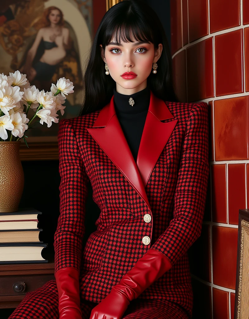 Beautiful woman in intricate Bold and Plaid Outfit
