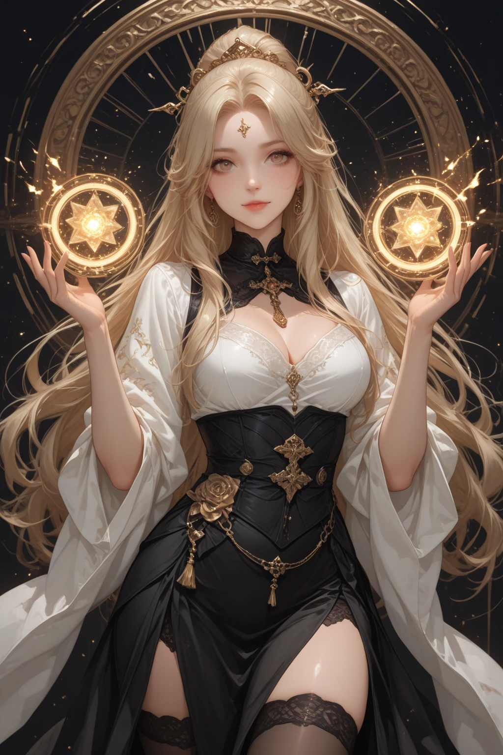masterpiece, high quality, 4K, Beautiful design, silhouette,blonde, Highly detailed and amazing starry sky, Finer details, Very knowledgeable woman, Highly detailed solo, 1 female,Red eyes,Big Breasts,Tight dress,