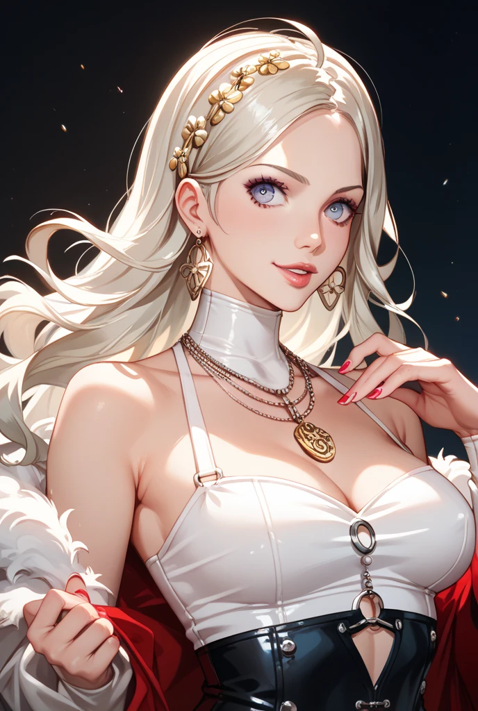 Silver hair, pink eyes, older woman, red and gold clothes, hair jewel ornament, cat ears, necklace, long hair, smiling face, upper body
