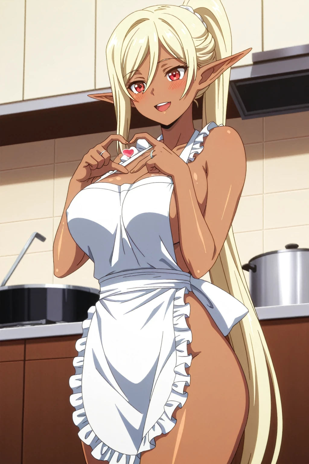 masterpiece, score_9, score_8_up, score_7_up, source_anime, best quality, extremely detailed, 1girl, milf, solo, (dark skin, black skin:1.8), shadowalpha, alpha, (huge breasts), ((((blonde hair), long hair, twintails, blue eyes, pointy ears))), parted lips, (((naked apron, frilled apron))), ((naughty smile), closed mouth), ((bathroom))