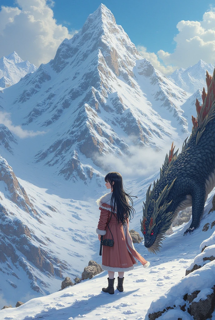A woman from behind with long black hair and an emerald green dress, behind her a huge black medieval dragon, on a snowy mountain