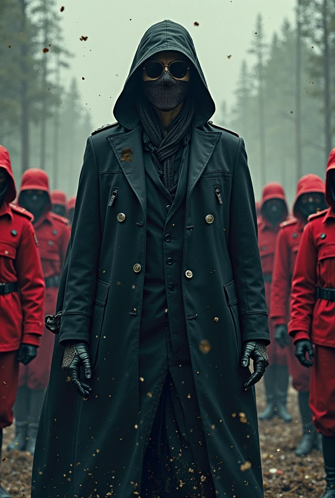 a photorealistic rorschach character in jungle, 6 feet tall, with half face covered with grey mask, black eyes, black hair, a injury cut on his face , wearing a dark green suit, full shot, walking in snow in between two gangs chinese gang figting with guns blazing, blood scattering all around, the snow ground which  is covered in pool of blood, background covered with trees, night lighting, dramatic lighting