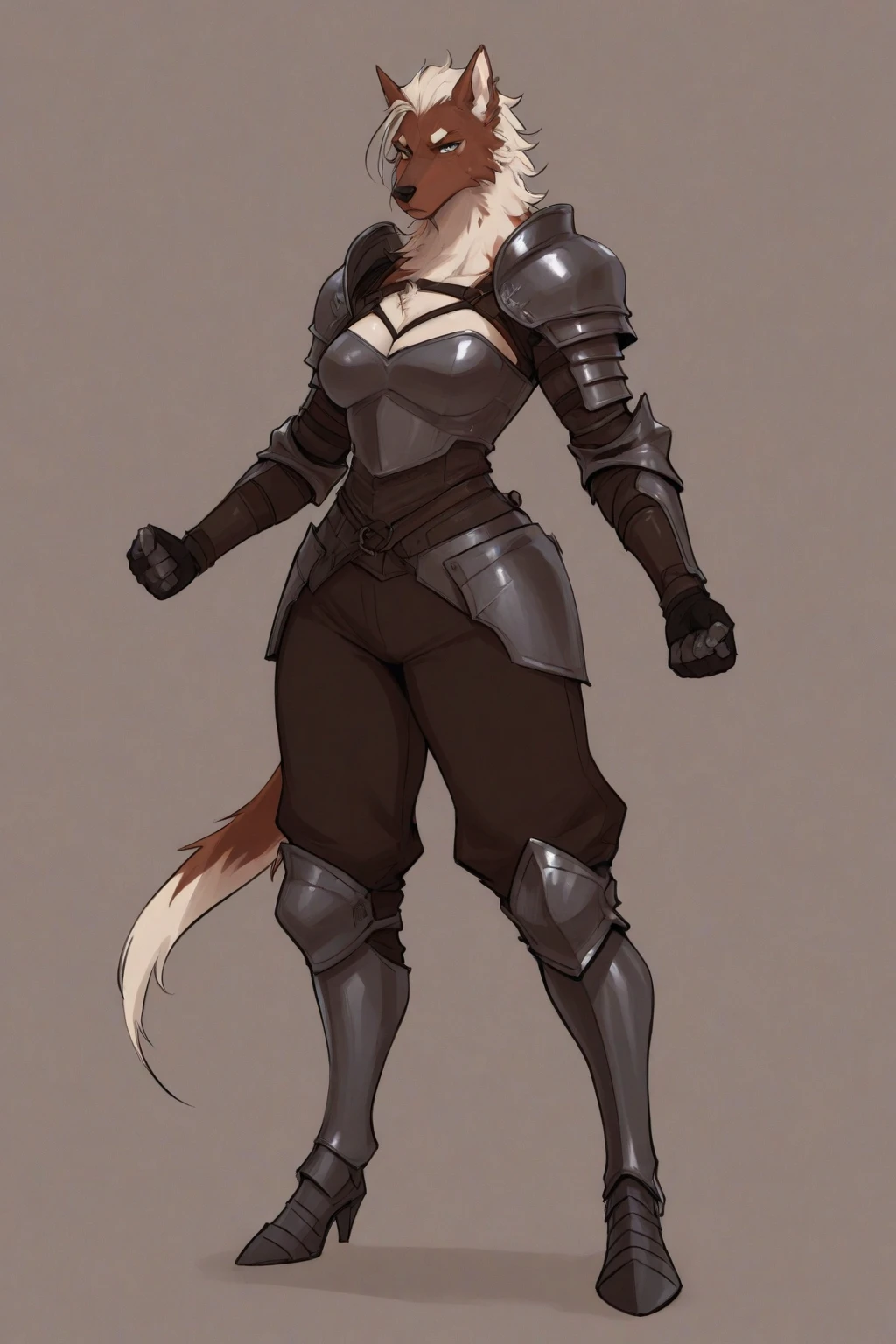 (Fox), (black fur), anthro, (((wearing small tank top))), two toned fur, (wearing armor leggings), underboob, high detail, white belly, high resolution, raw photo, gray background, cleavage, 1girl, solo, medium breasts, high quality, hi res, sharp, detailed body, detailed, cartoony, ((holding short sword)), ((looking at viewer)), (angry), mad, thick thighs, thin, skinny, buff, full body, whole body, ((full body portrait)), far away, (((full body concept))), attack pose, (sword pose), battle pose, Medieval, rpg, small waist