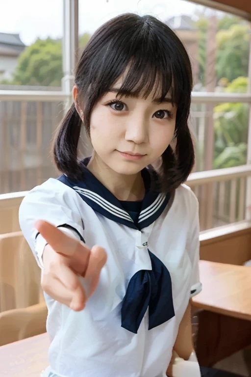 (Highest quality,masterpiece:1.3,Ultra-high resolution),(Very detailed、Caustics) (Realistic:1.4, RAW shooting、)Ultra-Realistic Capture、Very detailed、Natural skin texture、masterpiece、(junior high school sailor suit:1.3)、Short-sleeved sailor uniform、1 Japanese girl、Adorable expression、Expressions of happiness、14 years old、Young Face、Amazingly cute、Twin tails、Curly Hair、Black Hair、Scrunchie、light makeup、People who like big breasts'that'It's about to explode、Bare arms、This photo was taken in a middle school classroom...、Shining thighs、Shooting from the side、smile、Don'Don'Don't show your bottom teeth、An inviting gaze、thatぞれの手の指の正確な数、