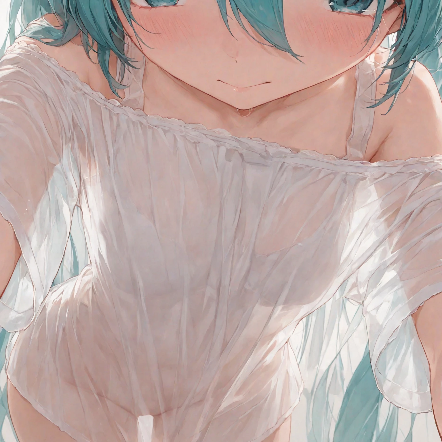 (masterpiece, highest quality:1.4), figure, 8K, (hatsune miku), young children, straight, ((from side below)), (beautiful face, beautiful princess), 1 girl, (small tits, [large breasts:0.8], Perfect cleavage), (Are standing, in the beachside:1.1), thigh, (((slippery:1.1)) (wet and shiny) texture pure-blue school one-piece swimsuit with two white lines on the sides:1.3),, (beautiful and fine eyes, Beautiful teal eyes:1.2), blush, (soft sunlight:0.6), (evil smile:1.1), (Highlight Eyes:1.1), (looking at the viewer), Framed nipples, Framed navel, cameltoe, Perfect for your skin, double breasted, under bust, Perfect for your skin, Framed navel, Framed groin, camel toe, too wet clothes, too wet body, Framed flat chest or small breasts, wrinkles in clothes, too wet skin, Clothes that adhere tightly to the skin, skin dents, Clothes that adhere tightly to the skin, Oily clothes