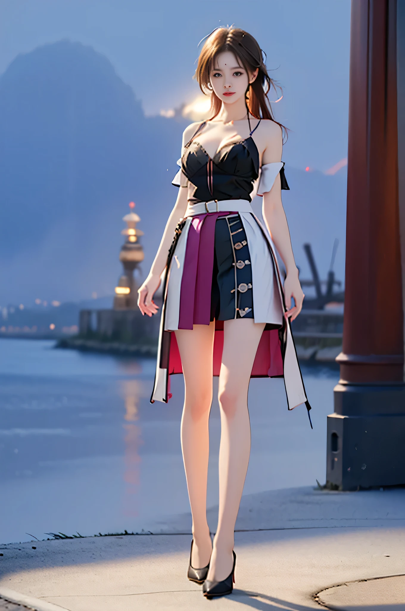 (masterpiece, best quality), 1girl, Light Brown Sleek Bob, Size A breasts, Cranberry Striped boat neck tunic with three-quarter sleeves. and Skirt, tube socks, Kneeling on one knee, looking down with a hint of vulnerability., <lora:SebarytStyleMix-v1.0:1>
