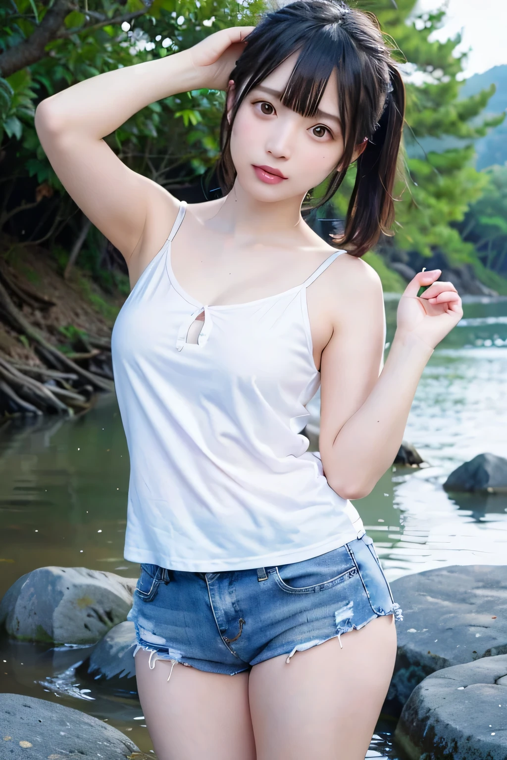 8k, raw photo, best quality, hires, realistic, photorealistic, extremely detailed 8k wallpaper, beautifully detailed eyes, finely detailed face,
 break 
rim backlighting to shirts, bokeh,
 break 
perfectly anatomically correct:1.2,
 break 
[the image captures a tranquil seaside landscape during sunset, evident from the soft and warm light casting an inviting glow across the scene],
stretching across the foreground is a tidal flat with its wet terrain revealing reflective patches of water among the dark and uneven surface,
the calm and expansive sea meets the horizon beyond the beach,
its waters transitioning from darker tones to a lighter shade near the horizon under the fading daylight,
(a range of volcano mountains in the distance is silhouetted against the sky creating a serene backdrop with gentle slopes, rocky hills),
the coastline curves to the right inward marked by lush greenery and several structures partially obscured by trees,
the sky above is clear with just a hint of soft pastel colors blending into the blue and suggesting the approach of evening,
the overall mood is peaceful and imbued with the soothing colors and tranquil atmosphere characteristic of a quiet coastal scene,

1 female, short pigtails,
(open both hands up in the sky:1.2),
SHIMAMURA sheer mesh shirts + sober-colored SHIMAMURA short pants,
curvy thighs, pointy breasts,
lifted beautiful ideal peach-shaped large soft ASS upturned,
looking back viewer:1.0,
cute natural anime face,
symmetrical clear eyes, chocolate color eyes with captivating reflections,
symmetrical face line, stereoscopic projection of  face,
wide-set eyes, gentle narrow eyes, double eyelids, tareme, reverse banana-shaped round eyes, moderate eye bags,
small face, round face, rounded jaw, oval-shaped face, thin lips, small nose, chiseled face, blush, embarrassed, healthy skin color,
bewitching smile with opening mouth,
 break 
from behind:1.2, full body, low angle, soft saturation, soft contrast,