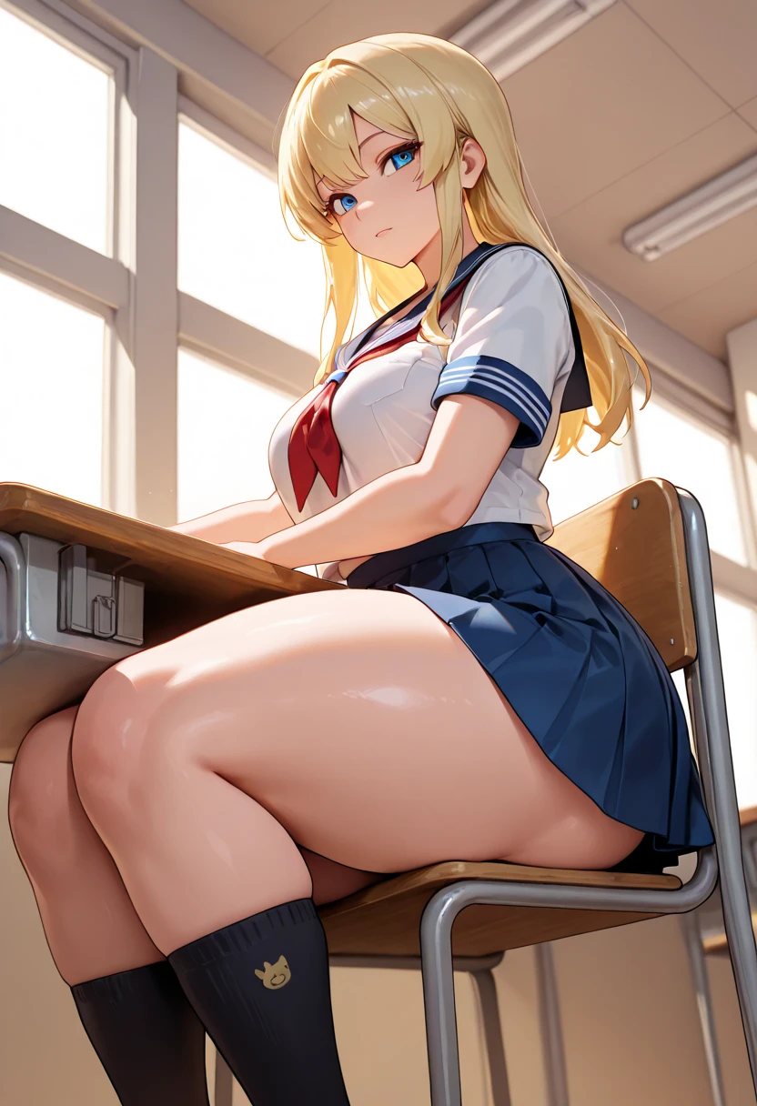 anime artwork, score_9, score_8_up, score_7_up, score_6_up, score_5_up, score_4_up, r,Camie Utsushimi, light brown hair, dark brown eyes,, breasts, , big breasts, at school, (school uniform:1.2), desk, cap, she is 24 years old, striped panties, rating explitic, wet whirt, ,horny, solo, , white stockings, shoes,, masturbation, style_3, text on board