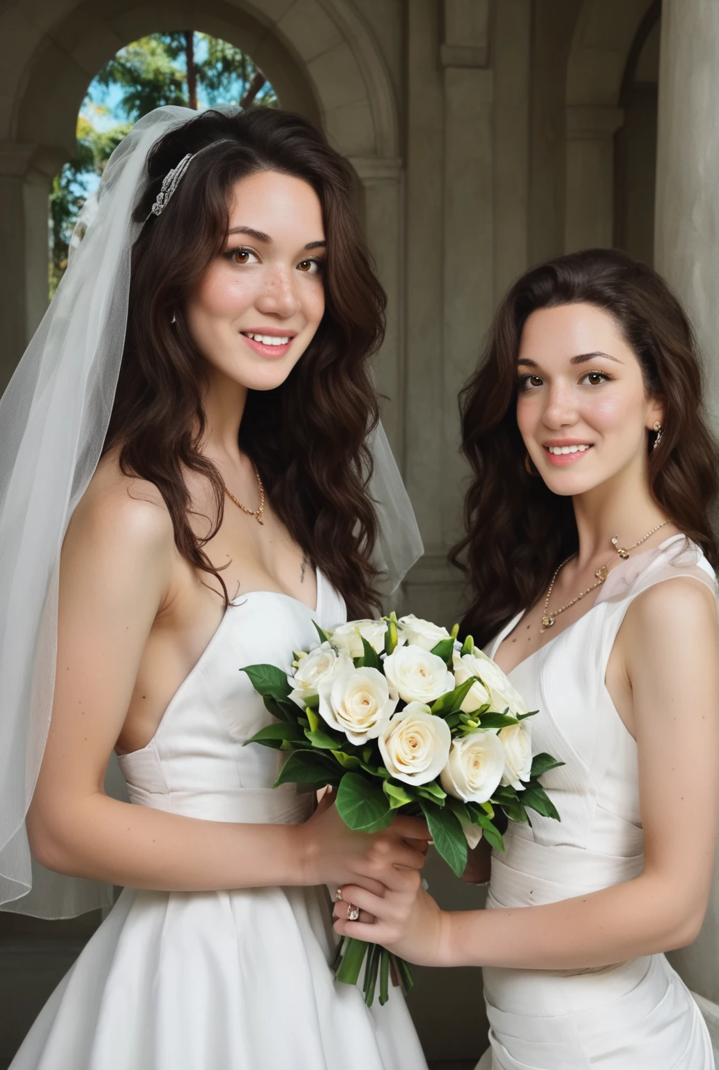 (masterpiece, best quality:1.3), (photorealistic), (realistic face), love_hazal, long wavy dark chestnut hair, hazel eyes with olive hue, almond eye shape, oval face, full lower lip, natural freckles, warm golden beige skin tone, B cup, wedding dress, holding bouquet