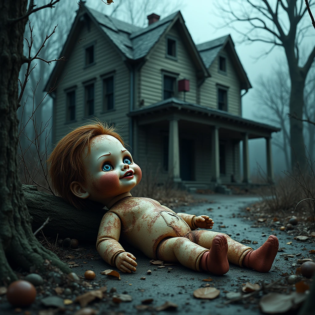 I am scared of a boy and there is blood in his body and there is a horror house behind him with a horror background in 8k ultra quality 
