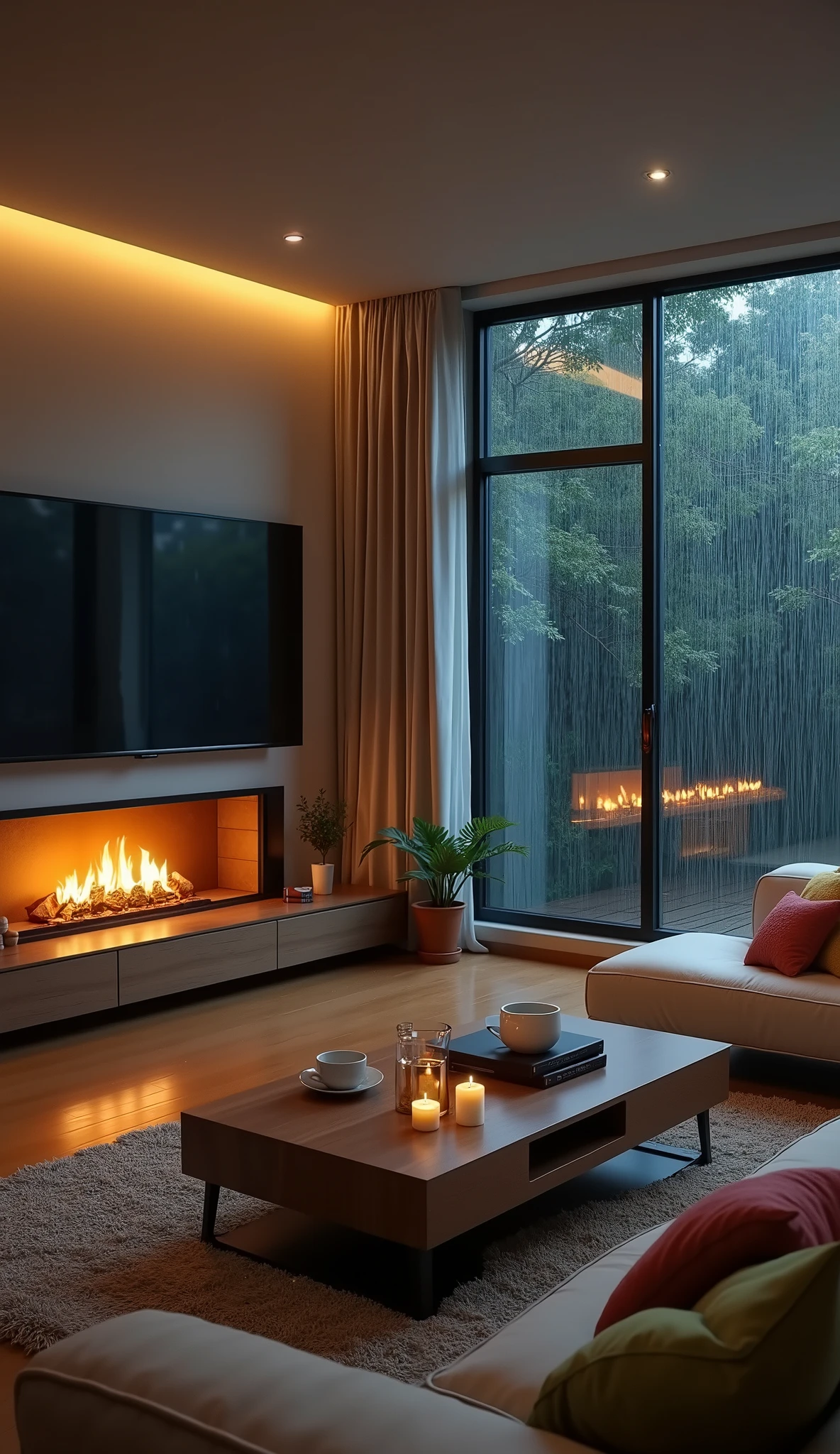 A realistic, cozy modern living room in 9:16 vertical format. The room is warmly lit with soft lamps and ambient light. A large flat-screen TV is mounted on the wall, displaying a realistic fireplace animation with glowing flames and crackling wood. Outside the large window, heavy rain is falling and trees are swaying gently in the wind. Raindrops streak the window glass, and the cloudy sky gives a moody, peaceful atmosphere. The room has a soft rug, comfortable beige sofas with colorful pillows, a wooden coffee table with books, candles, and a cup of tea. Indoor plants near the window sway slightly from a breeze. Ultra-realistic 3D render, cinematic lighting, rainy-day mood.