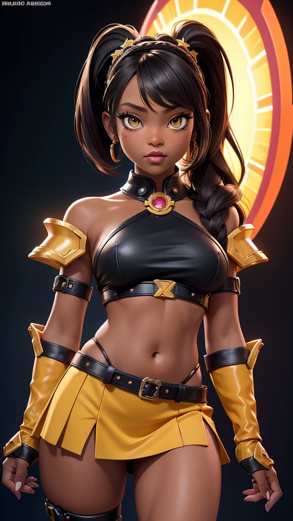 obra prima, melhor qualidade, ((only one woman,)) ((black african queen, shiny nigerian black skin, hair pulled back with headbands and decorated with circlets and ornaments,)) head back, ((sexy sultry wicked look, shiny wet black lips, open mouth, pucker mouth,)) thick smoky black eye shadow, long fake eyelashes, ((wearing yellow leather biker blazer over blouse,)) ((jacket is unzipped and wide open, small breasts, nip slip,)) jacket has padded puff shoulders, shiny leather gloves, ((yellow micro mini leather skirt,)) body is skinny, shiny tight buttocks, sexy glamour pose, arched back, (camera view of whole body,) looking up at me, shallow depth of field, highres, HD, 8k, anatomically correct