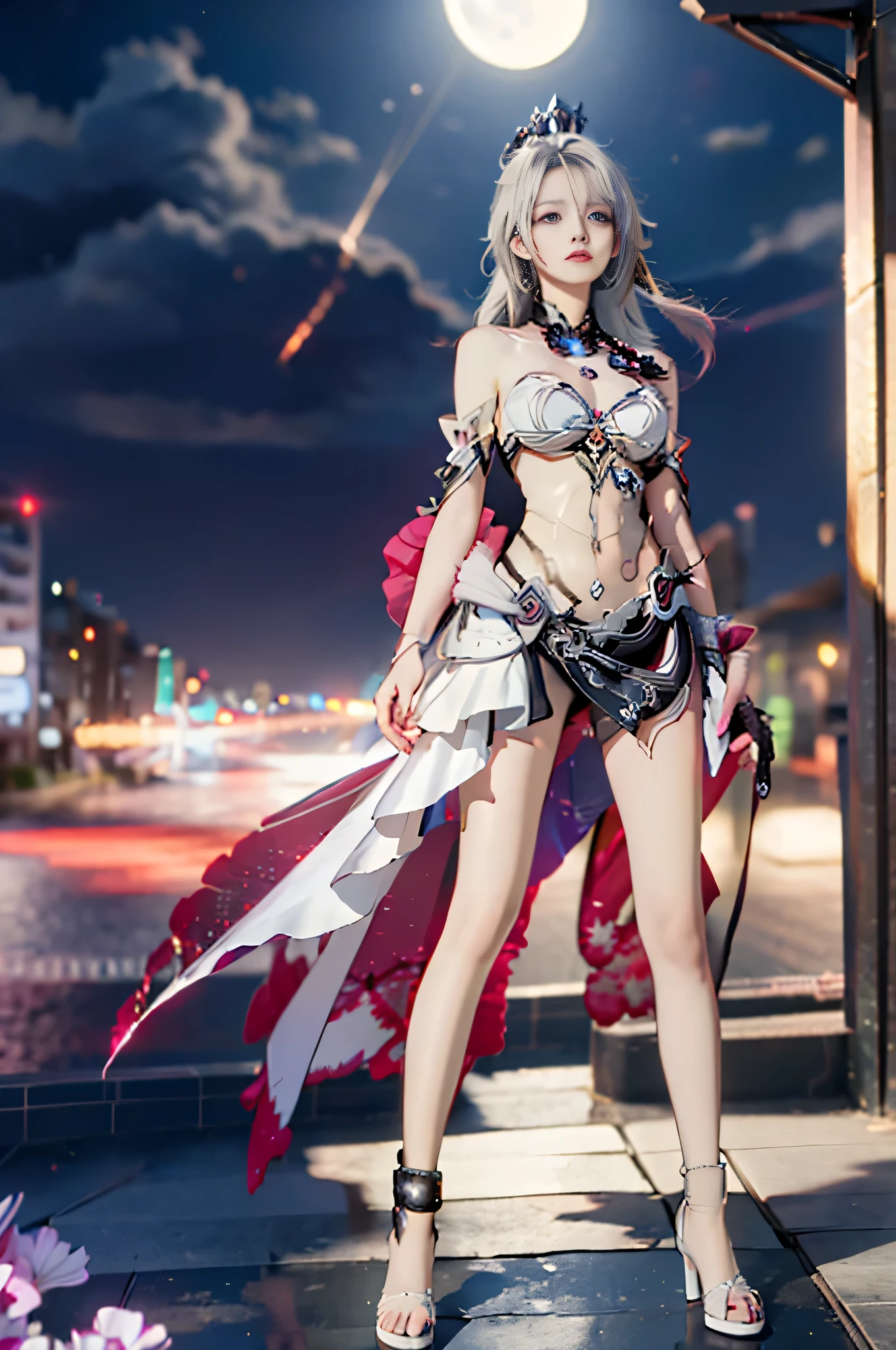 kiana zhongyan, 1st clothes, clothes: zhongyan white High-Low Dress, purple cross-shaped pupils, 1girl, black gloves, purple eyes, white hair, tiara - style ponytail band, ,,((full body, from below)), (masterpiece, best quality, ultra-detailed, 8k), realistic, a beautiful sexy long-legged model ((Random scene)), ((Random posture)), (I-type Valley), (Full breasts, visible cleavage, very short skirt hem, exposed shoulders), (Tyndall Effect), (At night,:1.3 moonlight:1.3), seductive pose, perfect and symmetrical leg anatomy, soft natural lighting, (wind blowing gently:1.1), (ambient lighting:1.2), bokeh, cinematic shot, dynamic angle, professional photography, shallow depth of field, sharp focus, vibrant colors, (slightly tanned skin:1.1), (natural makeup:1.1), (delicate features:1.1)