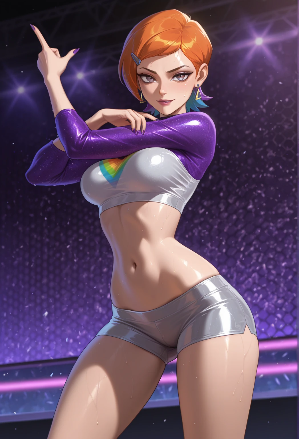 Create a digital anime-style image of a young woman with a modern, brunette, hair cut side shaved head, eyes blue, lips atractive, beatiful fitness of her body. edgy appearance standing confidently in a dimly lit room with a cyberpunk aesthetic. The woman should tight small suit cyberpunk, sample legs and foot, legs open frontal bedroom, styled hair with vibrant colors, The room cyber high details. hair over 1 eye, cute nose, biting lip,seductive,white choker, pink lips, freckles, large breasts, pretty girl