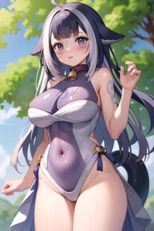 masterpiece, best quality, very aesthetic, absurdres, 1girl, mature_lady, large_breasts, ,aqua_(konosuba), kono_subarashii_sekai_ni_shukufuku_wo!, 1girl, long_hair,blue_hair,  single_hair_ring, bun,hair_ornament,blue_eyes,,one eye closed,wink,Swim Thong,Wattle and Daub (Various Regions),blur background,background defocus