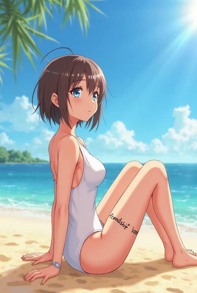 topless, large nipples, nipples, girl in pink pants standing on balcony overlooking beach and palm trees, standing near the beach, looking out at a pink ocean, full figure, standing beside the ocean, puffy nipples, near the beach, full body full height, standing at the beach, posing on a beach with the ocean, full-figure, looking out at the ocean, the ocean in the background, vacation photo, small breasts, brown hair, green eyes, shoulder length hair