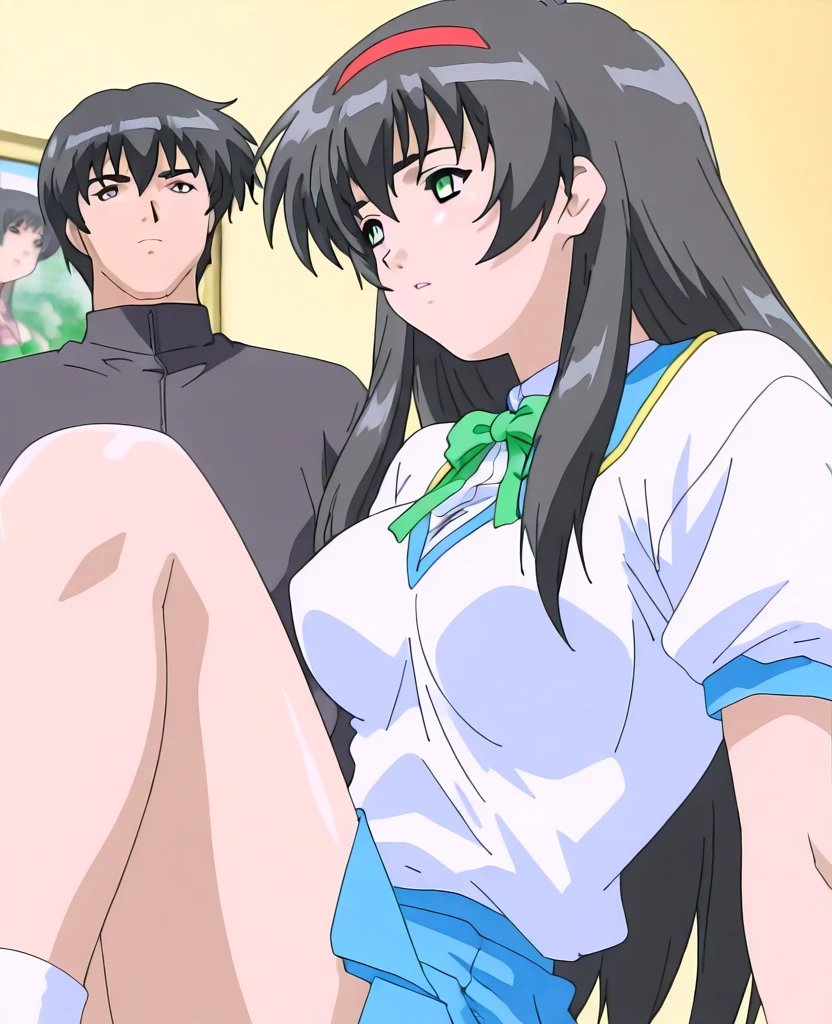 NSFW, masterpiece, (best quality: 1.2), long hair, blue eyes, green hair, worns, big breasts, evil_smile, sexy, ((skirt)), red lipstick, fishnet stocking, ((seducing a boy)), breast-feeding, 1boy, boy touching woman, boy groping from behind