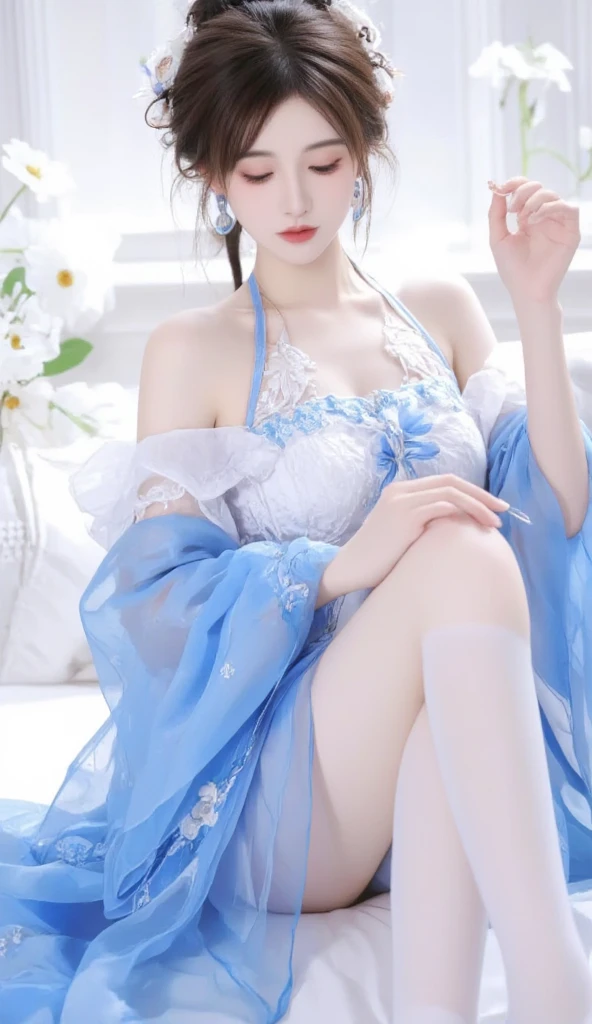 (best quality,4K,8K,high resolution,masterpiece:1.2),Super detailed,(actual,lifelike,photorealistic:1.37),Gorgeous,fair,long golden hair, The goddess in a black and white dress sits on the steps, bathroom,sexy girl,illustration style:, japanese goddess, Yoshigaki, Amazing goddess, ethereal figure, charming eyes, fair white costume, Bright Sunshine, sparkling silver, Yoshitomo Nara, Fuzzy green dragon-shaped smoke