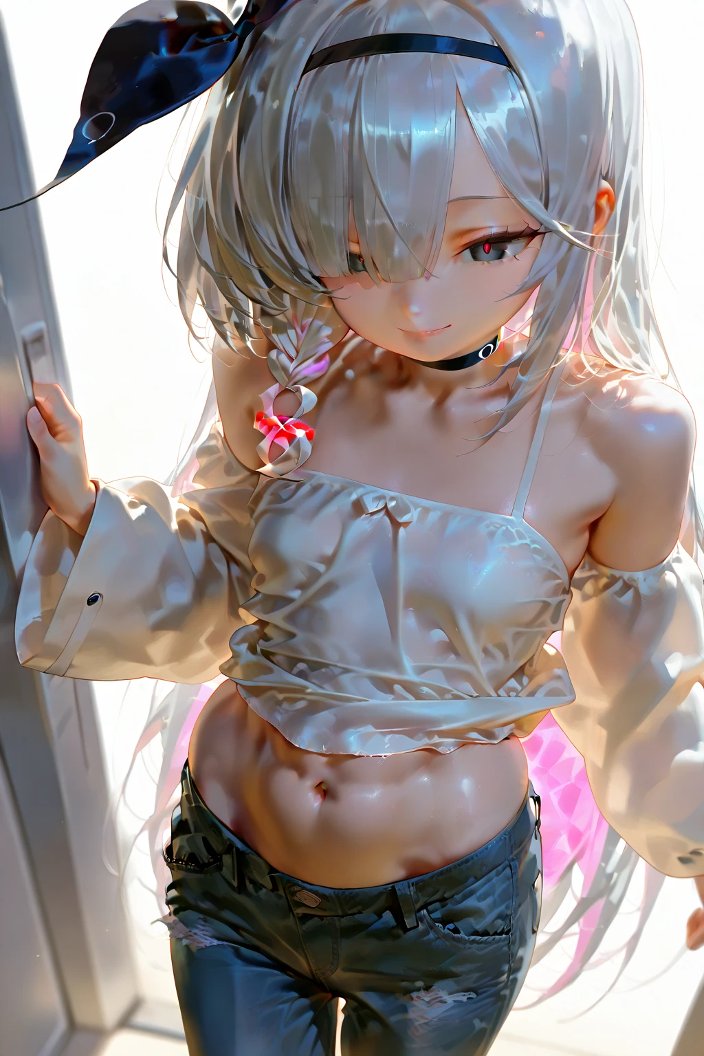 Realistically、1 girl、Gray Hair、Bobcut、Purple eyes、Shining Eyes、(Large Breasts), White T-shirt, Crop top, Thong、Shooting from below, With legs wide open, Put your arms behind your head, NSFW