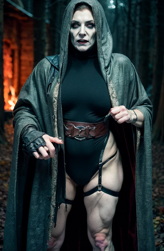 ancient priestess both arms raised up vertically hanging on the rope, night darkness shadow, ancient empire stone temple fire, shaved hairy, the body wet dirty, the body scrtched covered with ancient signs, thу body red painted, pain, the hood big lace covers the face, hairs very very long, fog smoke, the cloak long lace, fullbody