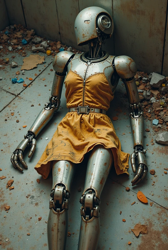 35mm film photography, broken cyborg girl thrown in the garbage, destroyed, rust, mechanical, wires, photography, detailed skin, realistic, photo-realistic, 8k, highly detailed, full length frame, High detail RAW color art, diffused soft lighting, shallow depth of field, sharp focus, hyperrealism, cinematic lighting, high detail