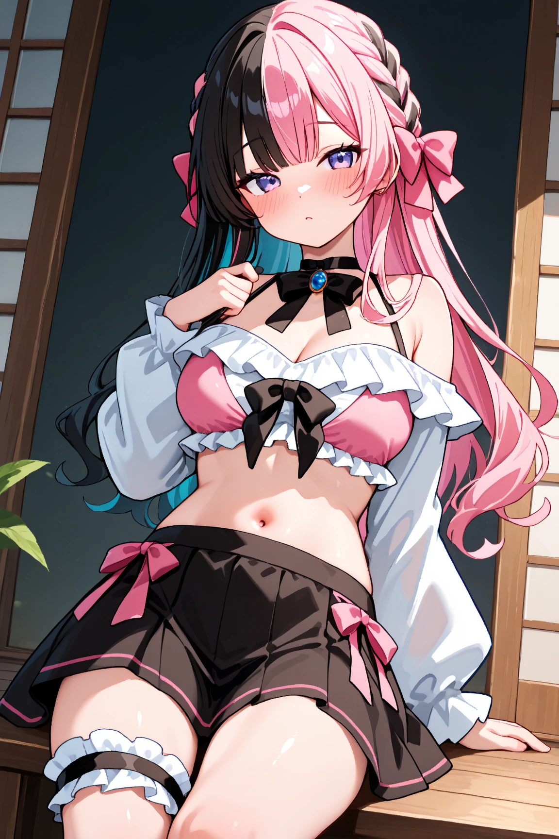 TachibanaHinano, Long hair, (split-colored hair, Black hair, Pink hair:1.3), Blue eyes、bow ribbon、(top-quality、8K、32K、​masterpiece、nffsw:1.3)、1girl in、(Solo)、(slender figures、perfect body type:1.2)、((( huge ass)))、ass_focus、 anus peek、(looking back、leaning_forward、standing)、My butt is facing me、Maekagami、Smile、blush、Opening Mouth、white  shirt、frilld、Suspender Skirt、(pantyshot)、white  panties