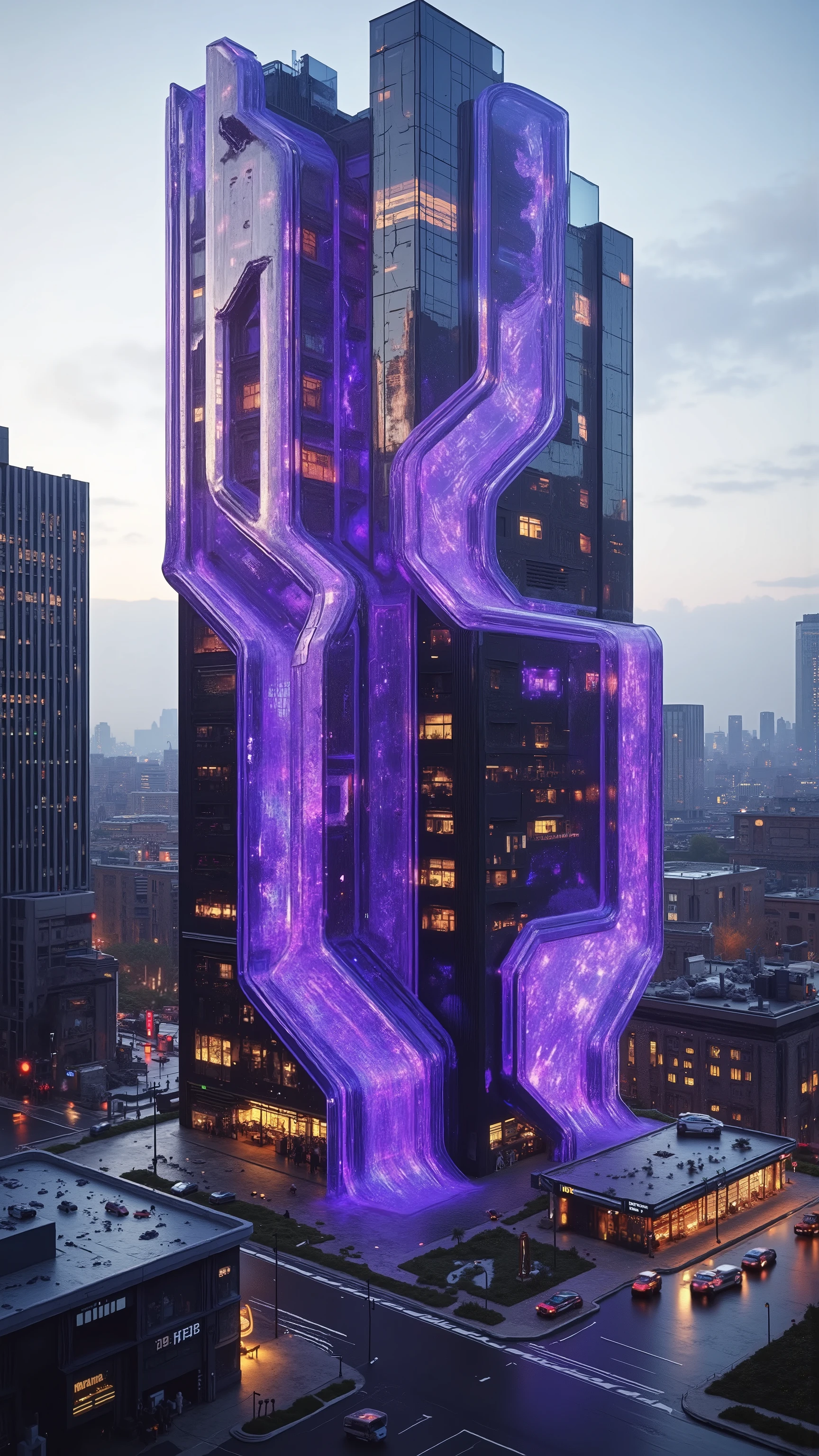 A skyscraper in modern-day New York City is made entirely out of a translucent quartz crystal. It is 200 feet tall and is hollowed out to make the structure in just one piece. Found far inside the earth, this quartz crystal point is an amethyst variety and is darkish purple. Show extreme detail of the skyscraper, including how the windows, doors, and structure are one piece of crystal. Show the individual offices within andveach carefully carved out window sill. Put an elaborate waterfall  that cascades down one side. Show this structure right next to a modern skyscraper that already exists real life.  Super advanced high tech architectural style and design, best quality innovation and ambition in avant-garde architectural engineering and digital design,Ultra-realistic, photo-realistic, ultra-detailed, 8k, professional movie quality images, cinematic photography, realistic vision, photorealistic, hyperrealistic, 3D rendered, icon style, intricate, complex, surreal, whimsical, detailed facial features, eye contact, multiple views, multiple perspectives, UHD, full focus, highres,best quality, realism, professional masterpiece 